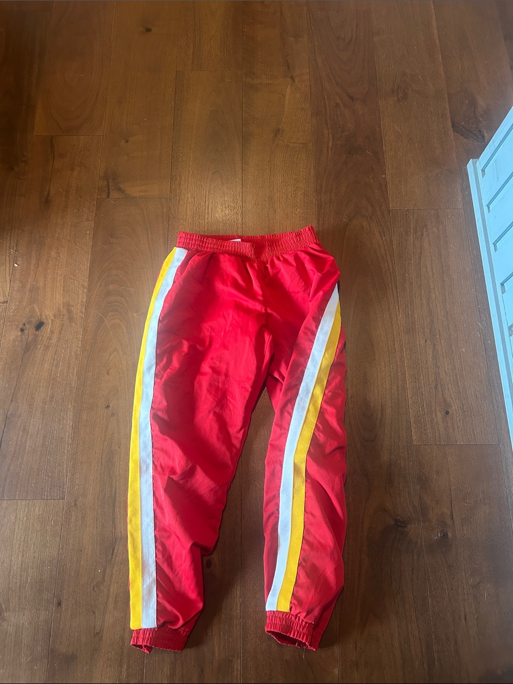 Vintage Red Track Pants with Yellow & White Stripes